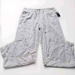 M&Co Pants Women 14 Neutral Stripes Linen Cotton Pockets Straigh Leg Preppy Boho